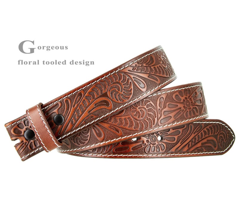 Belts.com Genuine Full Grain Western Floral Engraved Tooled Leather Belt Strap 1-1/2" Wide (Tan, 40) - Image 2